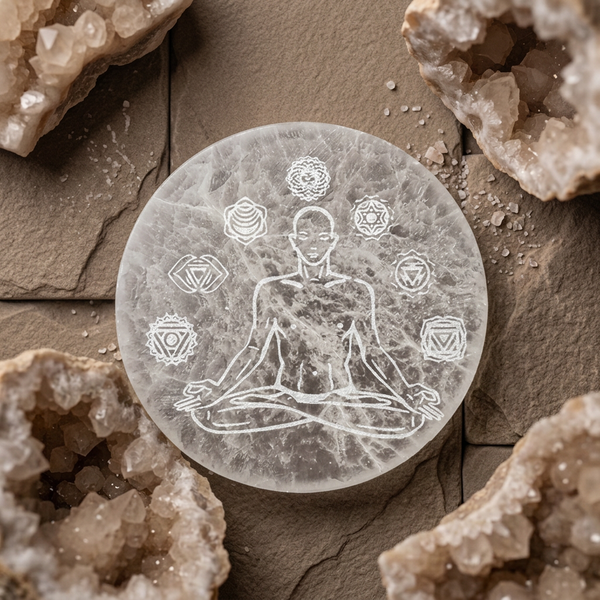 Selenite Disc – Buddha with 7 Chakra round