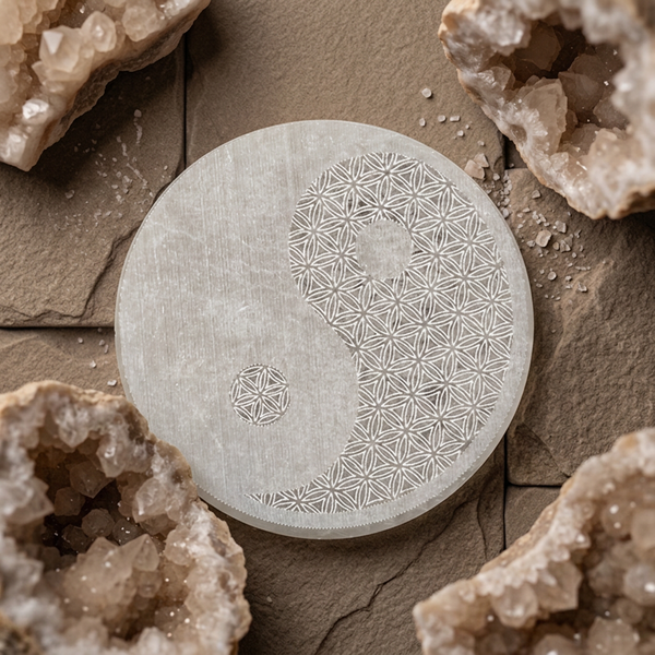Selenite Disc – Round Ying Yang with Flower