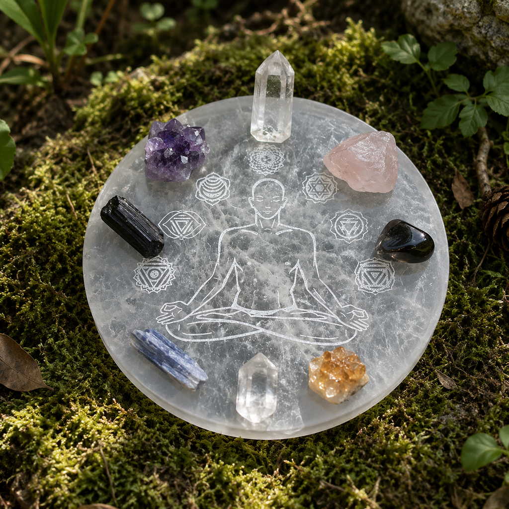 Selenite Disc – Buddha with 7 Chakra round