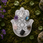 Selenite Disc – Hamsa Shape With Carving