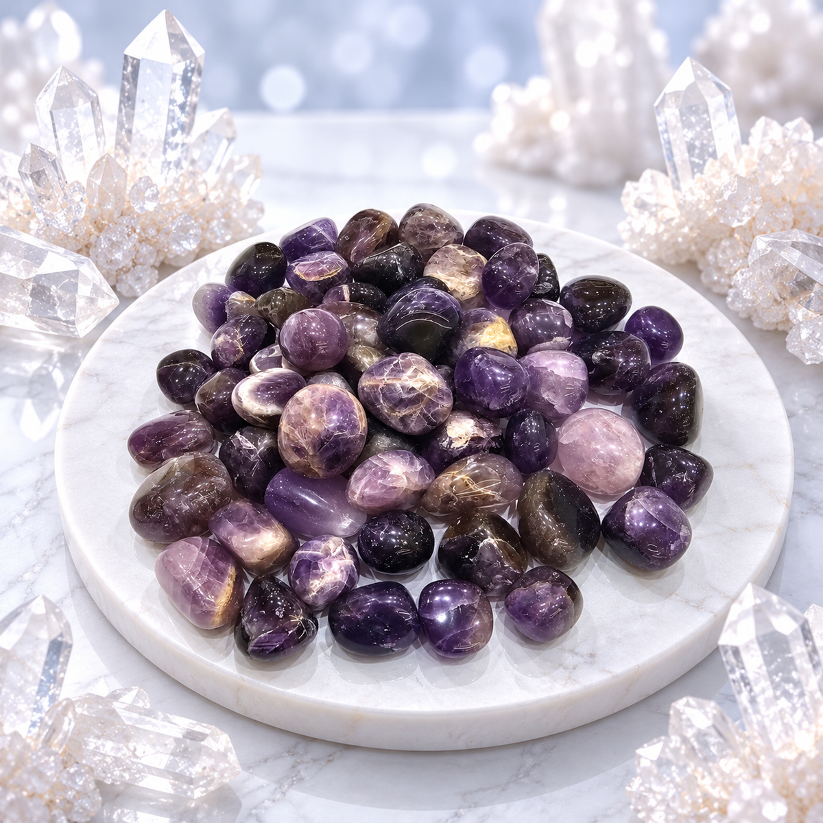 Amethyst Tumbles – polished stones displayed on a white tray