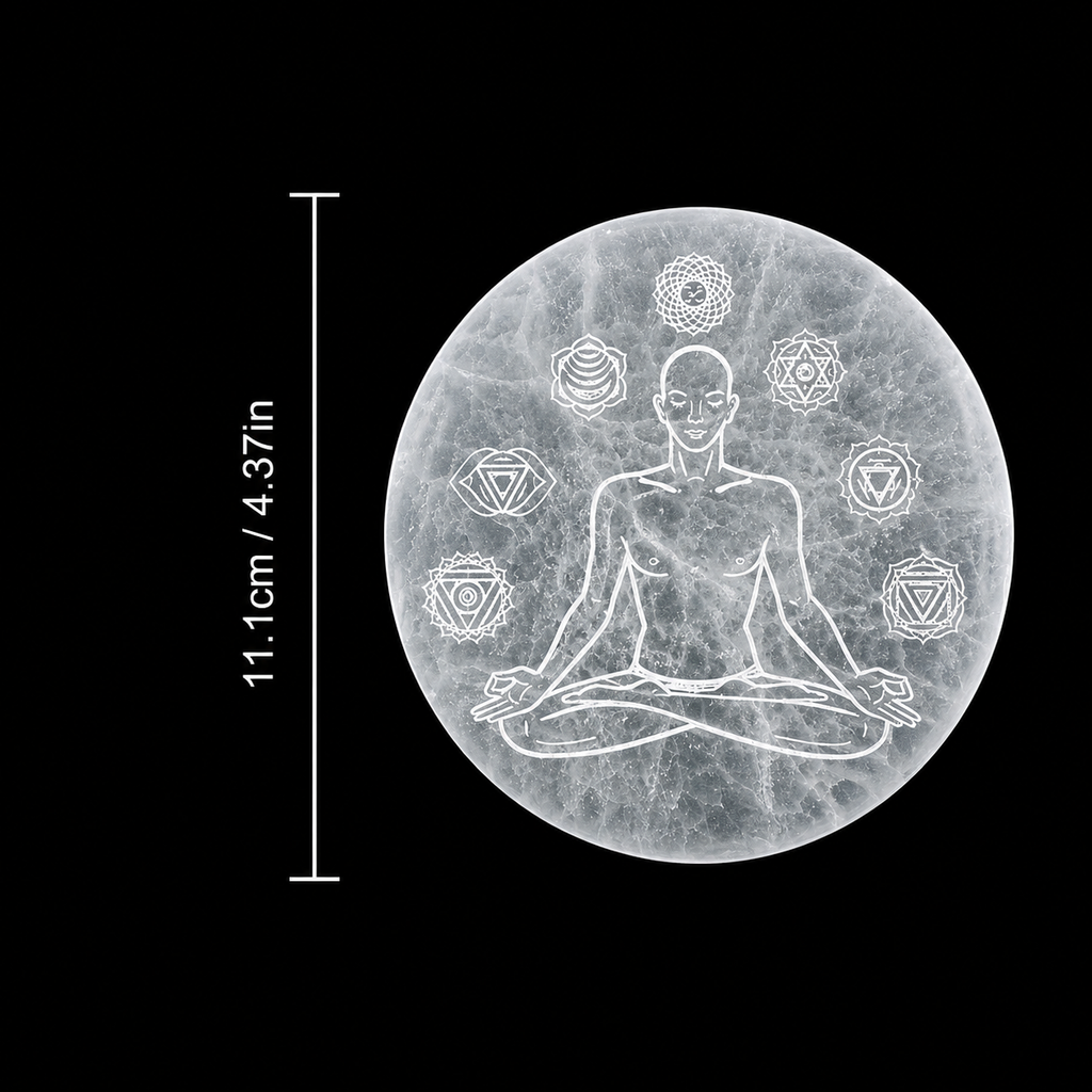 Selenite Disc – Buddha with 7 Chakra round