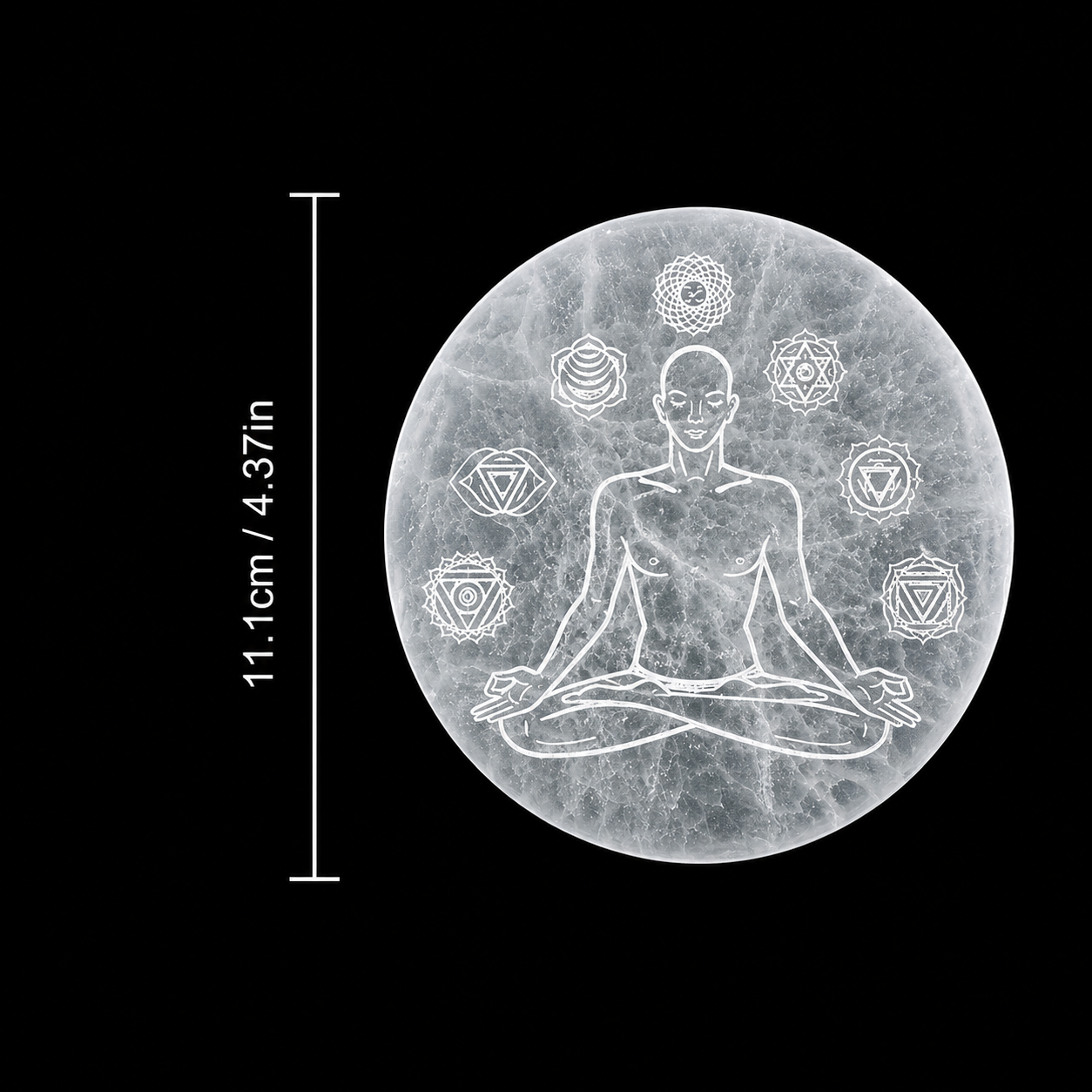 Selenite Disc – Buddha with 7 Chakra round