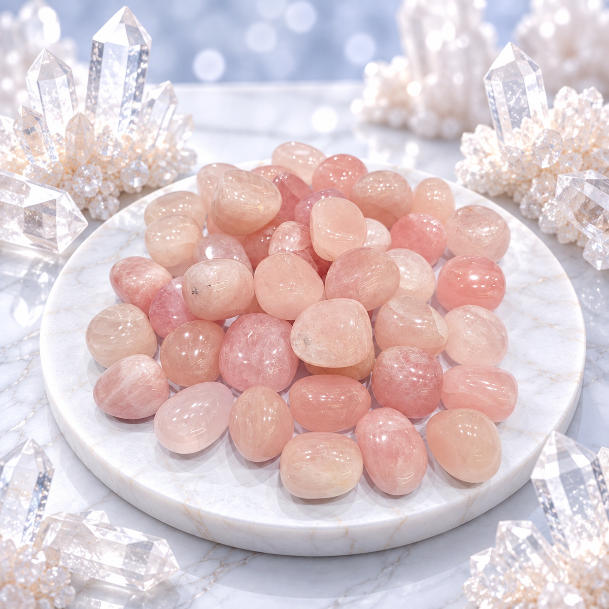 Rose Quartz Tumbles – polished stones displayed on a white tray