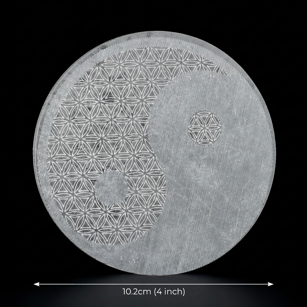 Selenite Disc – Round Ying Yang with Flower